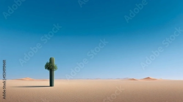 Obraz Lonesome Cactus Surrounded by Expansive Desert Landscape Under Blue Sky