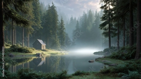 Obraz Tranquil Misty Forest Scene with Cabin beside a Serene Lake