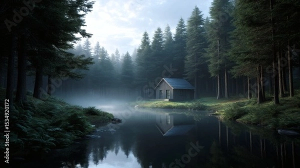 Obraz Serene Misty Forest with Cabin Reflected in Calm Water at Dawn