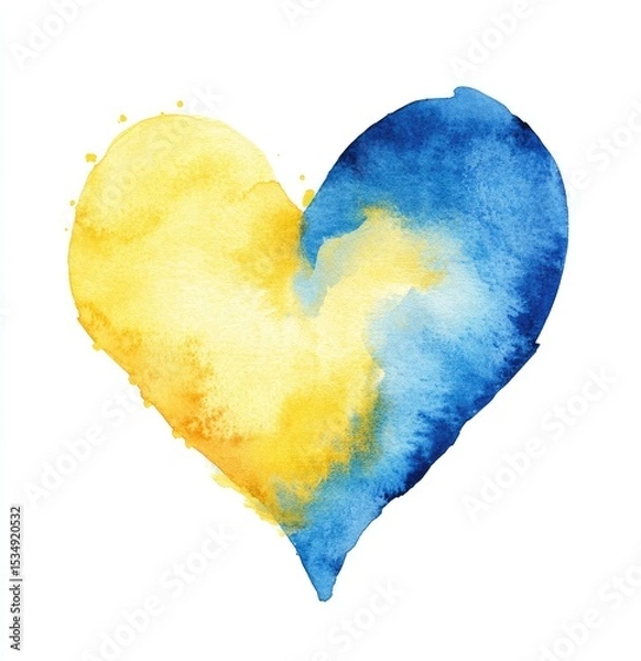 Fototapeta Heart shape, watercolor, yellow and blue.  A symbol of unity, painted with soft, blended colors