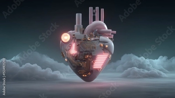 Obraz Futuristic heart with circuitry elements and neon lights in clouds