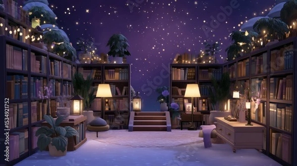 Obraz Cozy Winter Reading Nook with Bookshelves and Magical Atmosphere