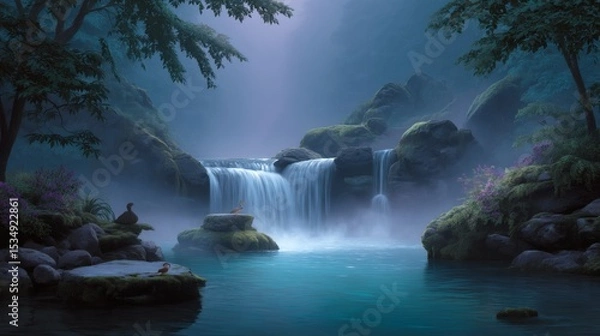 Obraz Serene Waterfall in a Misty Forest Landscape with Tranquil Atmosphere