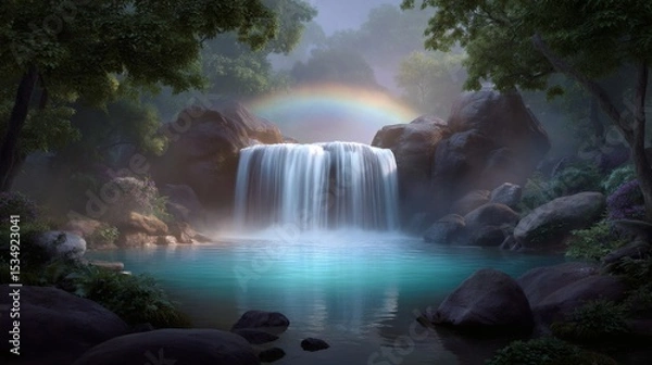 Obraz Majestic Waterfall with Rainbow in Serene Forest Setting