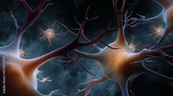 Obraz Complex Neural Network Structure with Glowing Synapses in Darkness
