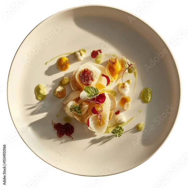 Obraz Scallop carpaccio with sauce, herb, vegetable and gourmet garnish