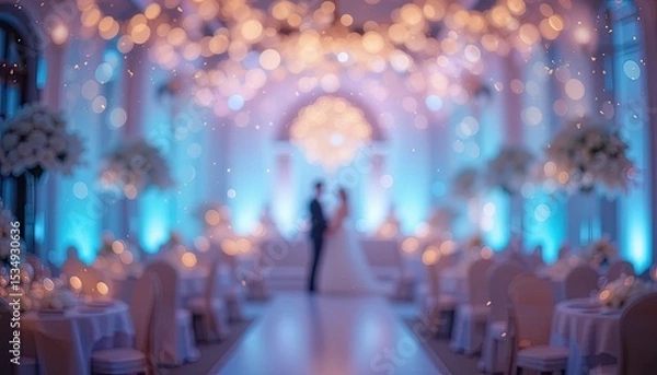 Obraz Blurred view of a wedding reception hall with soft lighting and decorations.