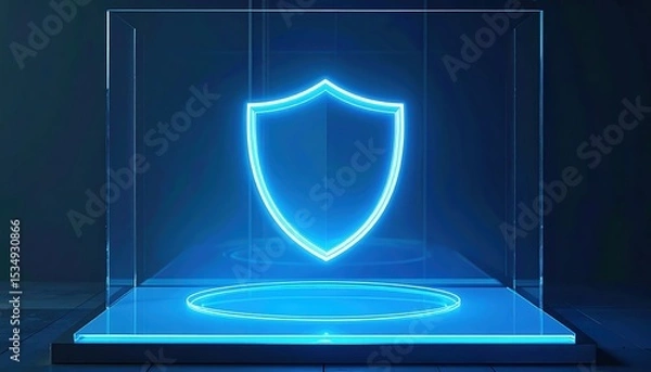 Fototapeta futuristic glowing shield icon illuminated in neon blue on transparent display with dark background representing digital security and protection concept