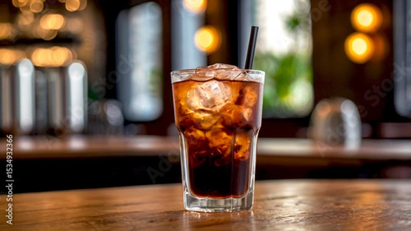 Obraz Fresh iced americano in a clear glass on a wooden table, with a cafe bokeh background