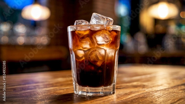 Obraz Fresh iced americano in a clear glass on a wooden table, with a cafe bokeh background