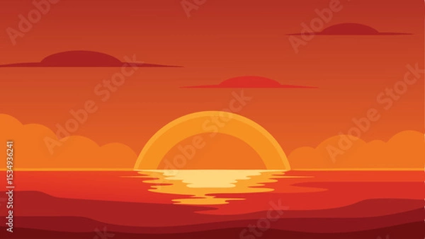 Fototapeta Abstract sunset landscape depicting orange sky sea and clouds in flat vector illustration