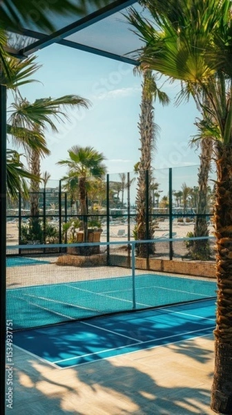 Obraz A vibrant blue paddle tennis court nestled amongst palm trees, near a beach, under a shaded structure