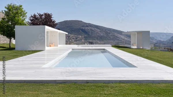 Obraz Modern outdoor space with a sleek pool and minimalist structures in a scenic landscape