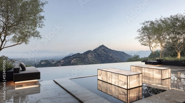 Obraz Captivating outdoor terrace with stunning mountain view at sunset