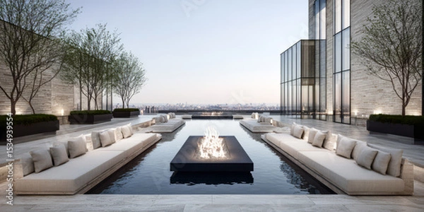 Obraz Modern outdoor lounge area with fire feature overlooking city skyline at dusk