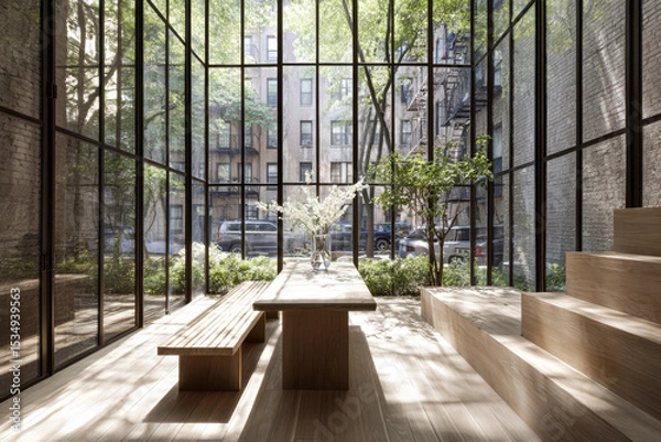 Obraz Modern indoor space featuring large windows and natural greenery in a city setting