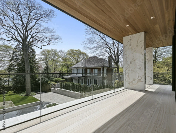 Obraz Spacious balcony with modern design overlooking landscaped garden and elegant home