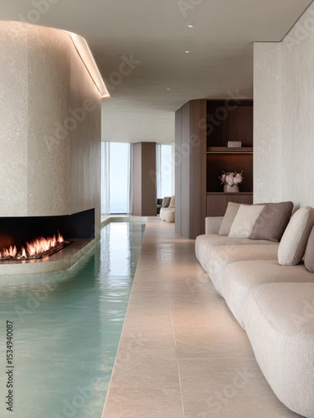 Obraz Luxury indoor lounge with a fireplace and an elegant swimming pool