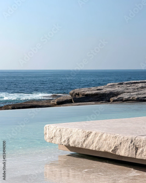 Obraz Beautiful coastal view with modern stone deck and calm ocean waters in clear weather