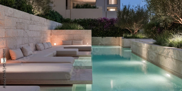 Obraz Tranquil evening at a modern outdoor poolside lounge with elegant seating