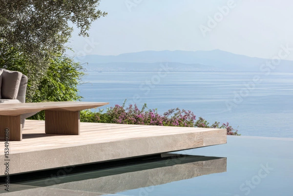 Obraz Relaxation spot with pool and coastal view in a sunny outdoor setting
