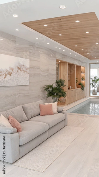 Obraz Modern living room with indoor pool and stylish decor in bright interior design