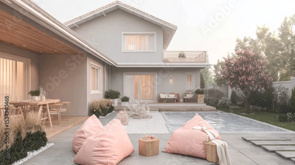 Obraz Stylish modern house with outdoor patio and tranquil swimming pool in soft evening light