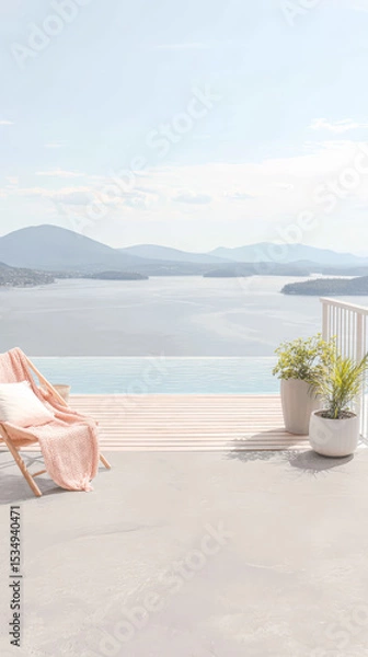 Obraz Serene lakeside view with comfortable seating and beautiful landscape during daylight