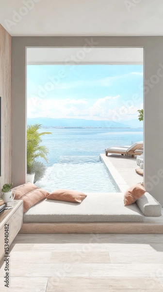 Obraz Modern beachside living room with stunning ocean view and infinity pool
