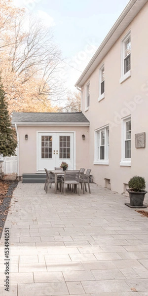Obraz Cozy outdoor patio setup in a residential area during autumn with peaceful surroundings