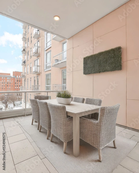Obraz Modern outdoor dining area on a balcony with stylish furniture and city view