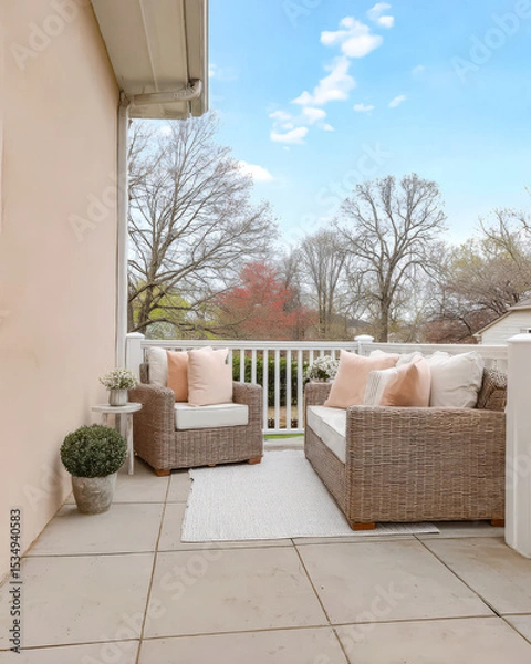 Obraz Cozy balcony seating with outdoor furniture and serene spring scenery in a residential area