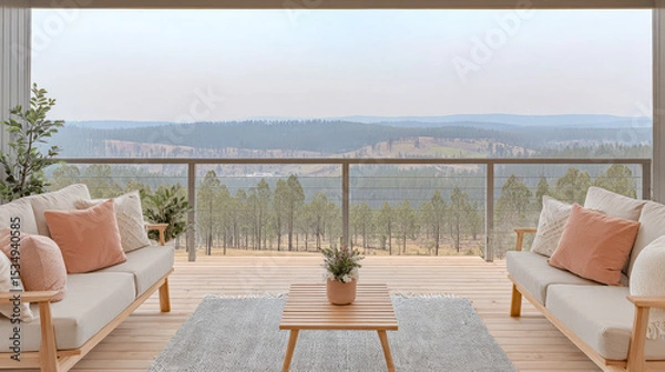 Obraz Cozy outdoor seating area with stunning mountain view in serene landscape during daytime
