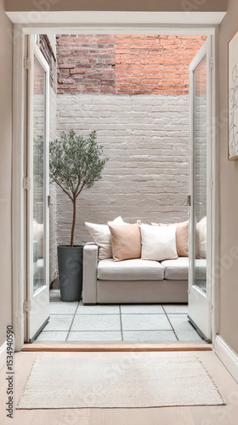Obraz Cozy outdoor seating area visible through open double doors in modern design