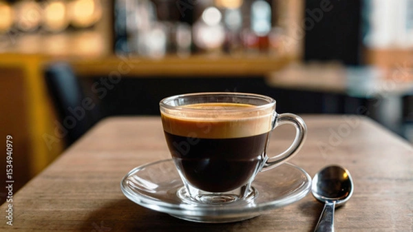 Obraz A cup of espresso on a wooden table with bokeh background