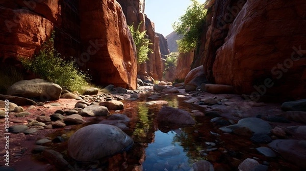 Fototapeta A sun-drenched canyon stream reflecting the surrounding rock formations.