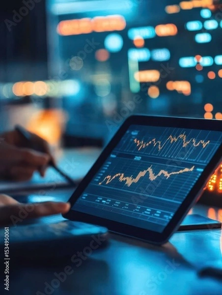 Obraz Tablet, meeting and business people in office with research for break in finance stock market. Discussion, digital technology and financial advisors with online revenue, profit or equity report