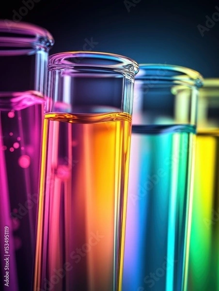 Obraz Colorful test tubes in a science lab setting, glowing with vibrant hues for a dynamic website banner or background header