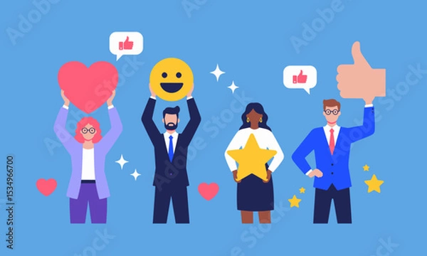 Fototapeta Customer Feedback and Satisfaction Rating. An illustration depicting various forms of positive customer feedback, including hearts, a smiley face, a star, and a thumbs-up.