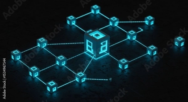 Obraz Glowing Cube Network Decentralized System Visualization