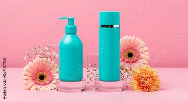 Obraz Aesthetic studio shot of cosmetic bottles surrounded by natural flowers, emphasizing beauty and personal care.
