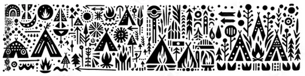 Fototapeta Hand‑Drawn Tent Culture and Bonfire Illustration – Tribal Camping Folk Art Pattern Vector for Outdoor & Adventure Themes