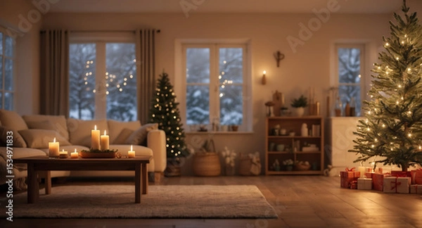 Fototapeta Cozy Indoor Christmas Background with Glowing Tree and Wooden Tabletop