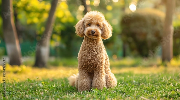 Obraz A poodle sitting elegantly on grass 