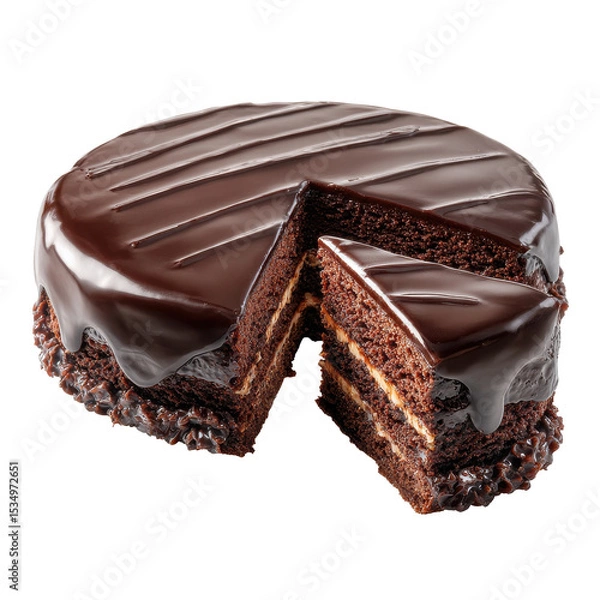 Obraz Delicious chocolate cake with a slice removed, tempting dessert. transparent background