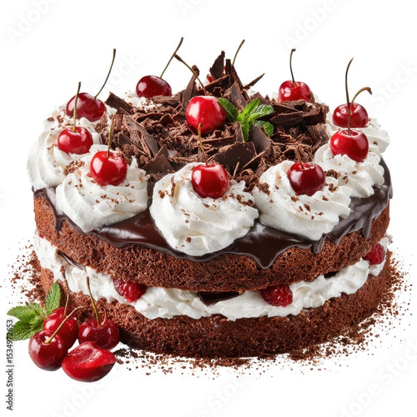 Obraz Delicious chocolate cake topped with cherries and whipped cream. transparent background