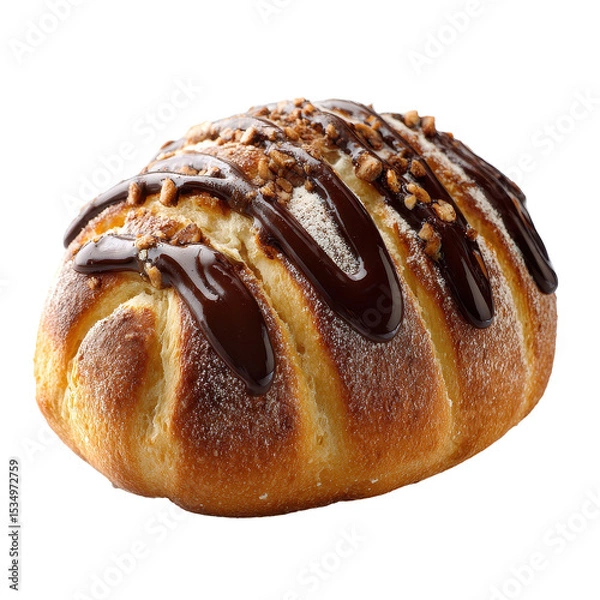 Obraz Delicious chocolate drizzled bread roll with nuts on top. transparent background
