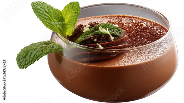 Obraz Delicious chocolate dessert garnished with mint leaves. transparent background