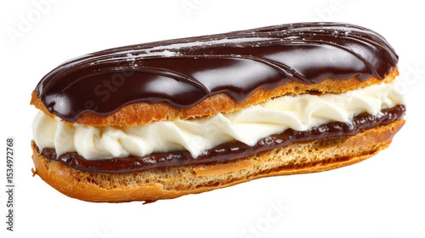 Obraz Delicious chocolate eclair filled with creamy filling. transparent background