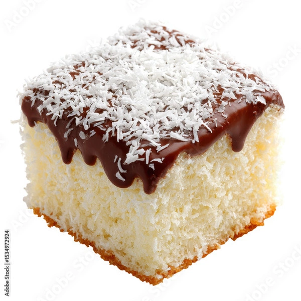 Obraz Delicious chocolate-covered coconut cake slice with white sprinkles. transparent background